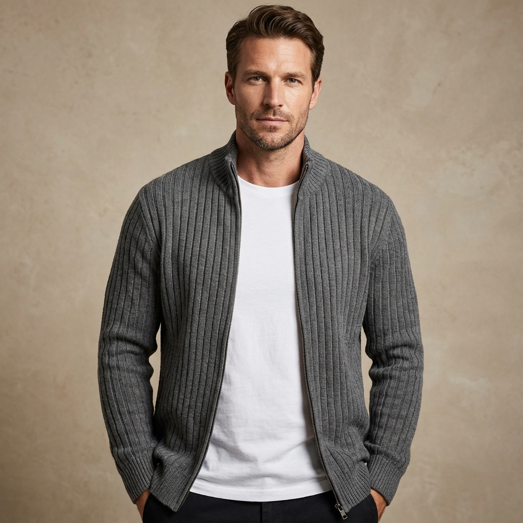 Herren Strickjacke Mit Reißverschluss – Gerippter Zip Cardigan Mit Hohem Kragen
