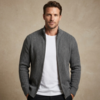 Herren Strickjacke Mit Reißverschluss – Gerippter Zip Cardigan Mit Hohem Kragen