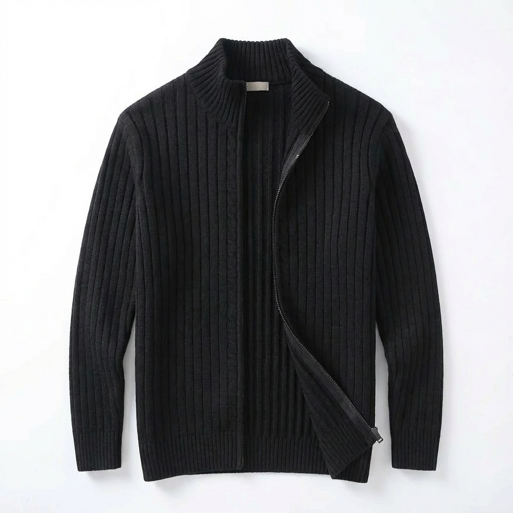 Herren Strickjacke Mit Reißverschluss – Gerippter Zip Cardigan Mit Hohem Kragen