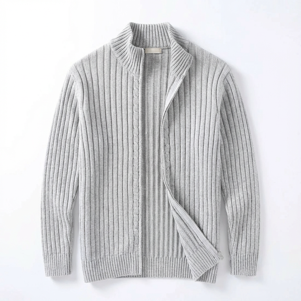 Herren Strickjacke Mit Reißverschluss – Gerippter Zip Cardigan Mit Hohem Kragen
