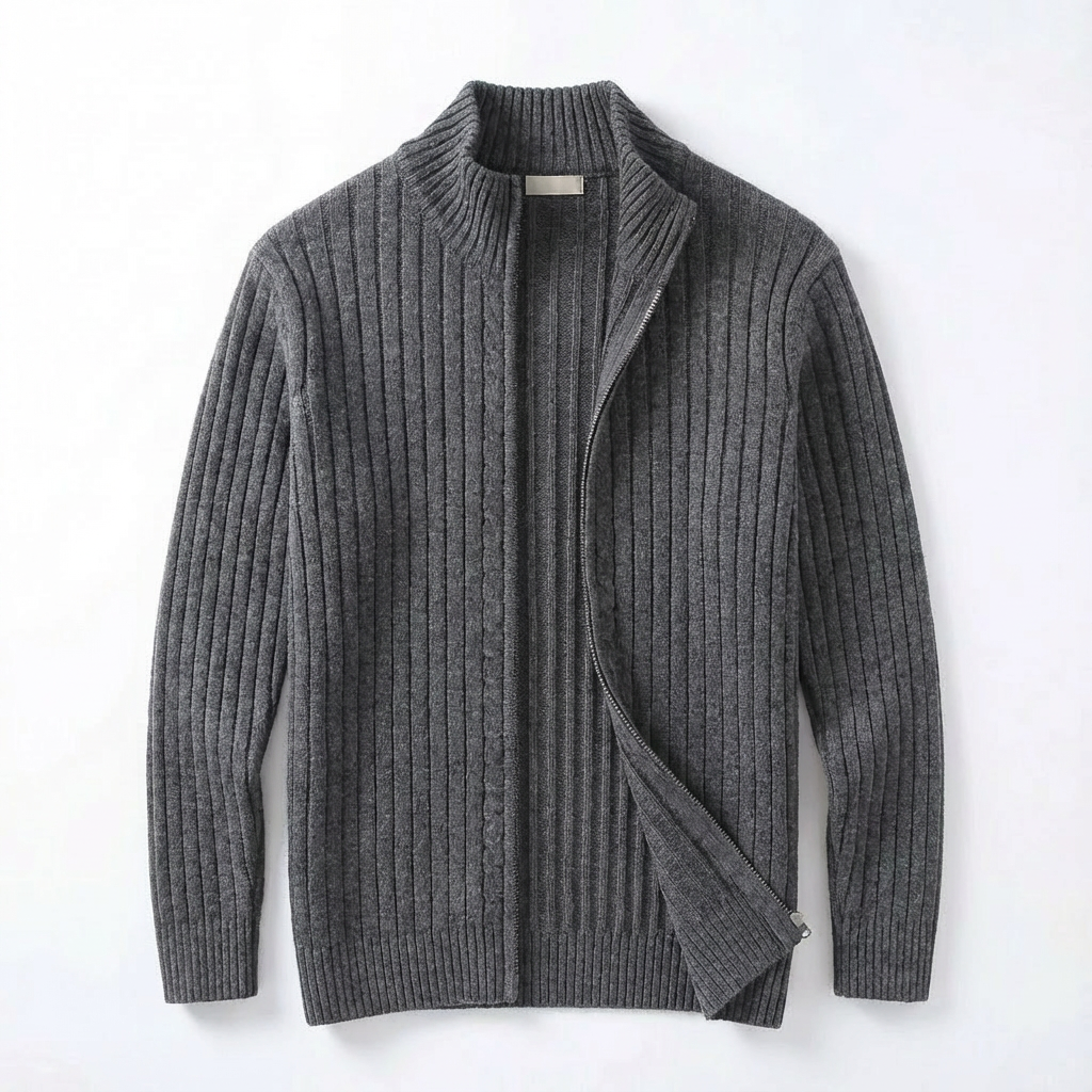 Herren Strickjacke Mit Reißverschluss – Gerippter Zip Cardigan Mit Hohem Kragen